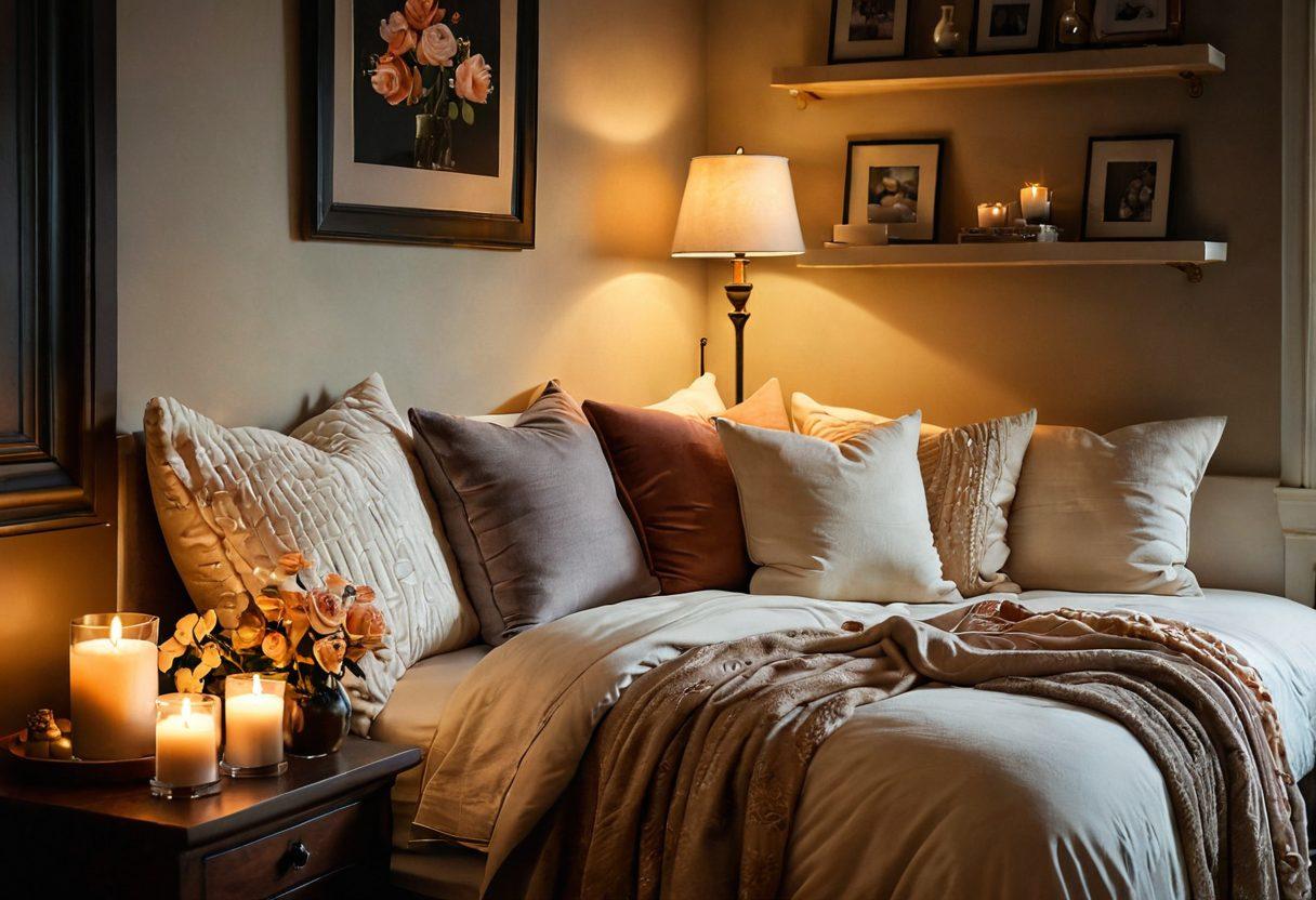 A serene setting showcasing a dimly lit room filled with warm, soft colors, featuring a cozy nook with plush cushions and soft blankets. Subtle touches of elegance like candles, flowers, and intimate decor elements hint at romance, while an enticing montage of serene, beautiful clips plays softly in the background. Emphasize a sense of affection and connection through gentle lighting and inviting textures. super-realistic. warm tones. romantic ambiance.