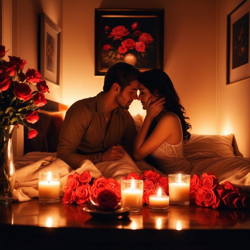 A beautifully lit intimate setting featuring a cozy room with soft lighting, adorned with roses and candles to symbolize romance. In the background, silhouettes of a couple gently embracing, capturing the essence of passion. Incorporate subtle film reels or frames to hint at the adult film theme, creating an atmosphere of allure and connection. Emphasize warm colors and a dreamy aesthetic. super-realistic. vibrant colors. soft focus.