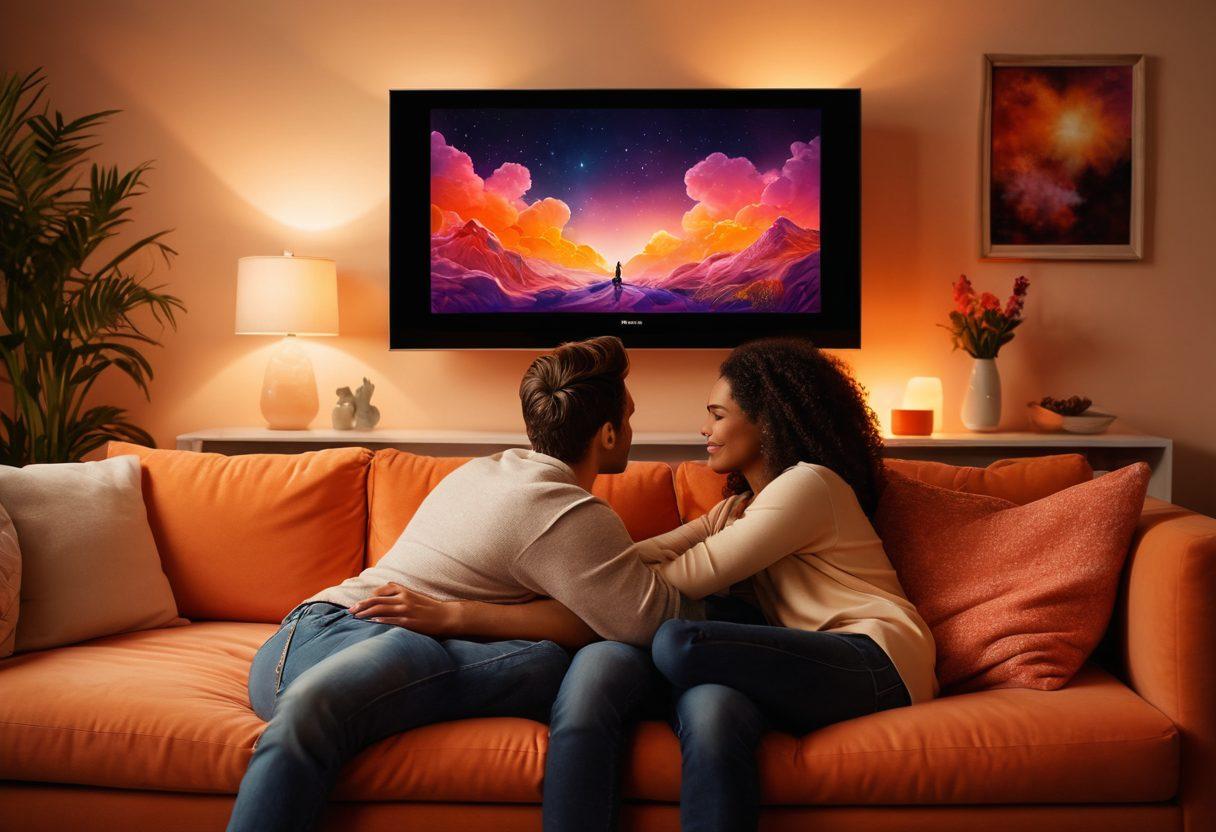 A couple sitting closely on a cozy couch, illuminated by the soft glow of a television showing vibrant, abstract visuals, representing intimate connections. Surround them with warm colors, plush pillows, and an inviting ambiance that suggests comfort and closeness. Incorporate subtle hints of technology and communication devices, symbolizing the digital aspect of modern romance. Style: super-realistic, warm tones, soft lighting.